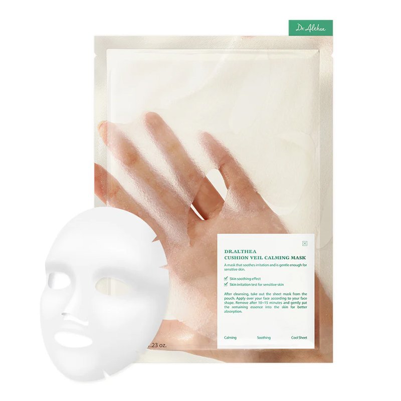 Dr. Althea Cushion Veil Calming Mask raminanti ir drėkinanti lakštinių veido kaukių rinkinys, 35 g × 4 vnt.